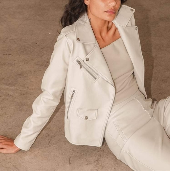 Lulus Beige Vegan Leather Moto Jacket Small - Picture 4 of 10